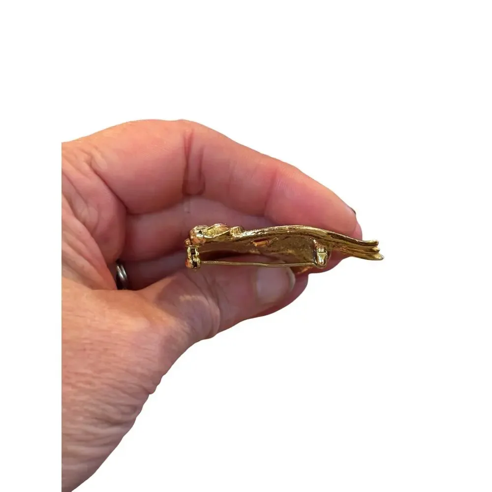 Vintage Gold Tone Theater Mask Brooch Rhinestone Feather Venetian Mardi Gras Pin